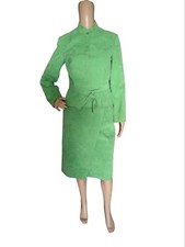 Vintage 80s Power Suit Green Faux Suede Wrap Skirt Peplum Jacket Size 8