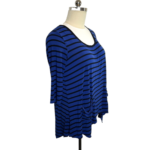 Grace Elements - Women's 2X Blouse Royal Blue Black Stripe 2 Pocket 3/4 Sleeve - Picture 2 of 10