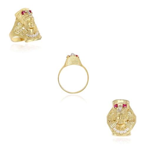 10K Gold Yellow CZ Ruby Pharaoh Nefertiti Head Ring - Picture 4 of 6