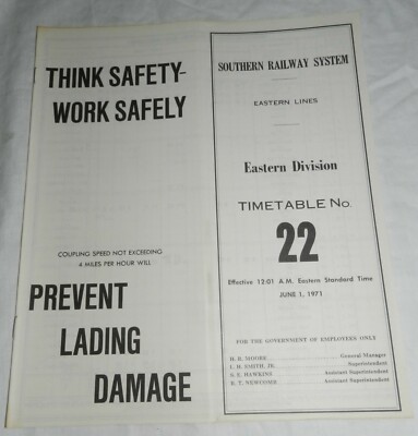 Vintage 1971 Southern Railway System Eastern Div Employee Time Table #22