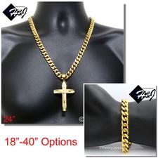 18-40"MEN Stainless Steel 9mm Gold Plated Curb Necklace Bracelet Cross Pendant A