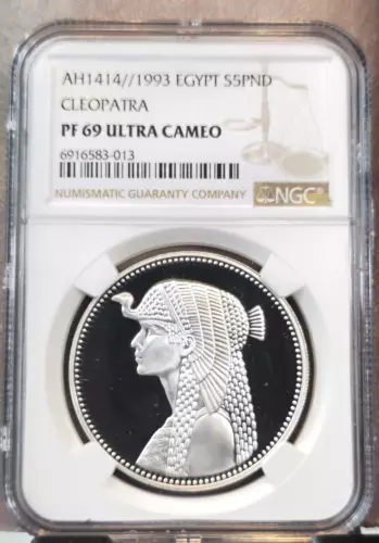 1993 EGYPT SILVER 5 POUNDS CLEOPATRA NGC PF 69 ULTRA CAMEO RARE TOP POP