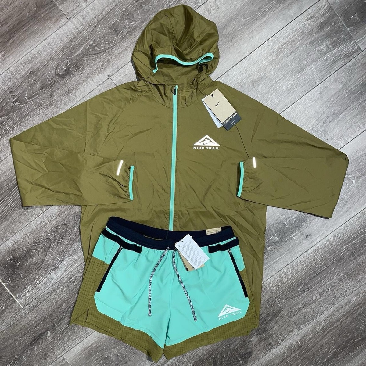 Nike Drifit Trail Khaki Green Mint Aireez Jacket 5” Shorts Set BNWT  Medium M