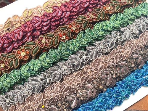 embroidered appliques hand sewn 3/4x2.25" bead sequin soutache 18"pc 9 apps - Picture 2 of 35