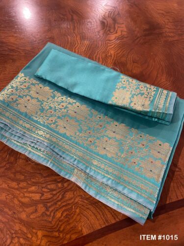 Indian Women's NEW Brocade Artificial Silk Sari GREEN w/Border And Blouse 1015