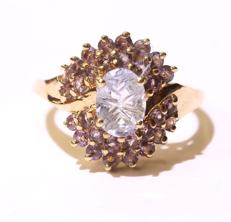 10k yellow gold tanzanite fancy cut aquamarine gemstone ring 3.2g estate cluster