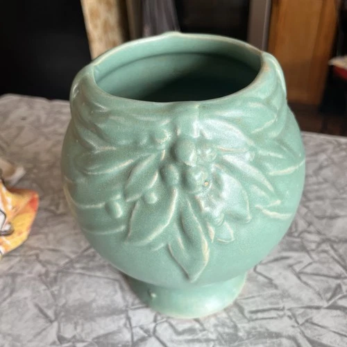 Vintage McCoy 1930s Mint Green Leaves & Berries Pottery Vase