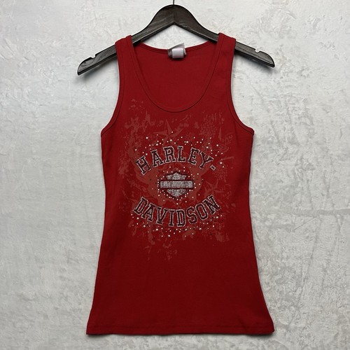 Harley Davidson Red Americana Rhinestone Womens Tank L Las Vegas, Nevada Y2K 00s