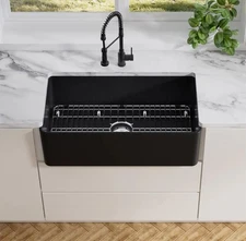 Eridanus 33'' Farmhouse Apron Fireclay Kitchen Sink w/ Grid and Strainer - Black