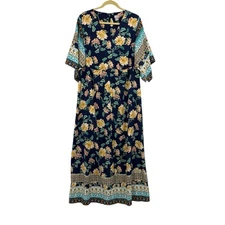 Chico's Floral Kimono Sleeve Maxi Dress 2.5 US 14 Border Print Caftan Cruise XL