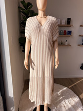 Beige Knit Sweater Midi Dress V-Neck Short Sleeve Pullover Solid Women