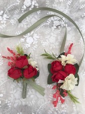 Rose Wedding Wrist Corsage and Boutonniere Set Red Hand Ribbon Suit Decor