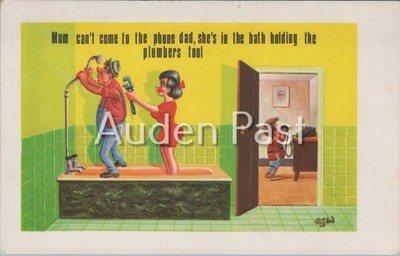 Vintage Kichern Karten Humorvolle Postkarte Klempner Bad Doppel Entendre Cartoon
