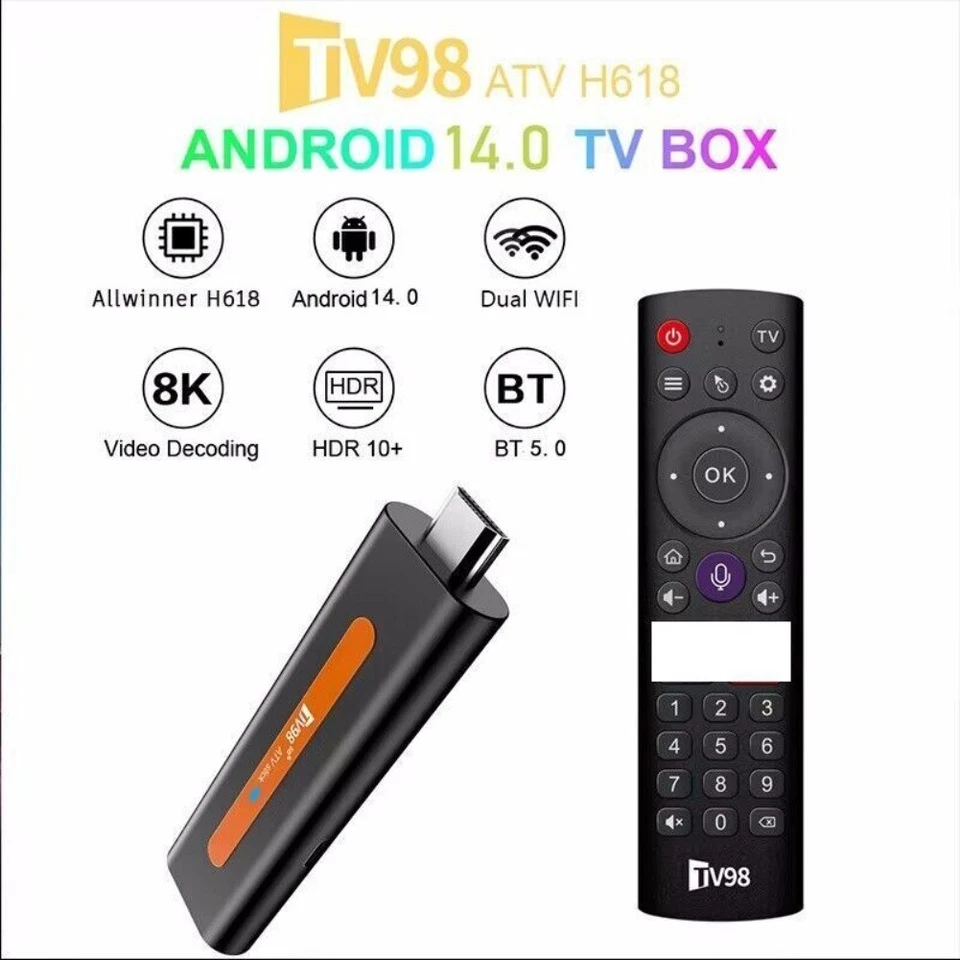 ATV/TV98 H618 Smart 8K Andriod 14 TV Stick 2.4/5G dual wifi6 BT 5.0 2G+16GPlayer - Bild 2 von 4