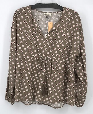 Cotton Bleu Taupe Ditsy Floral Babydoll V Neck Top Small NWT Tie Long Sleeve