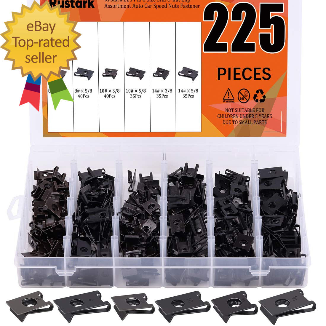 225 Pcs 6 Size SAE U-Nut Clip Assortment Auto Car Speed Nuts Fastener