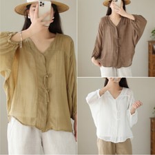 NEW Womens Summer Casual Tops Coat Cotton Linen V Neck Loose  Shirt
