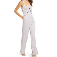 WAYF Small Elegant Gray Plaid Tie-Front Wide-Leg Jumpsuit Chic Evening Wear