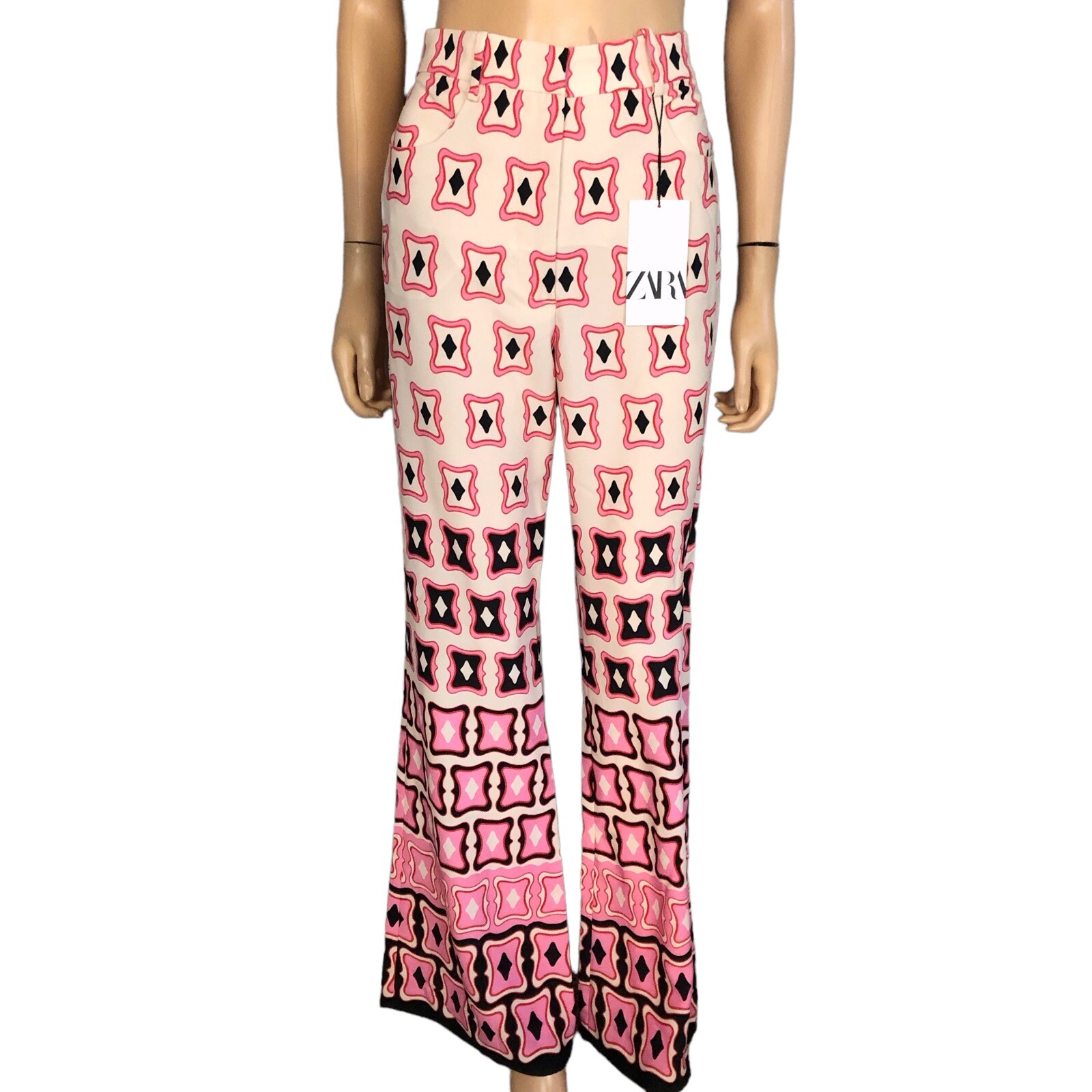 Zara Women's Geometric Print Pants Flare Leg Full Length Pink Multi Size  Medium | eBay