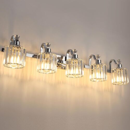 Crystal Bathroom Light Fixtures Over Mirror Chrome,5 Light Crystal Vanity Lig...
