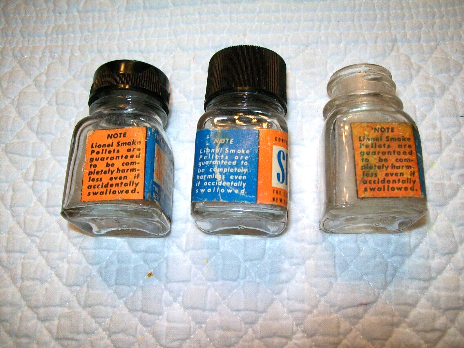 Lionel    THREE    SP Smoke Pellet  EMPTY   Bottles-Different Labels and Lids