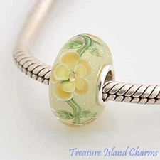 Yellow Flower Murano Glass CZ Crystal 925 Sterling Silver European Bead Charm