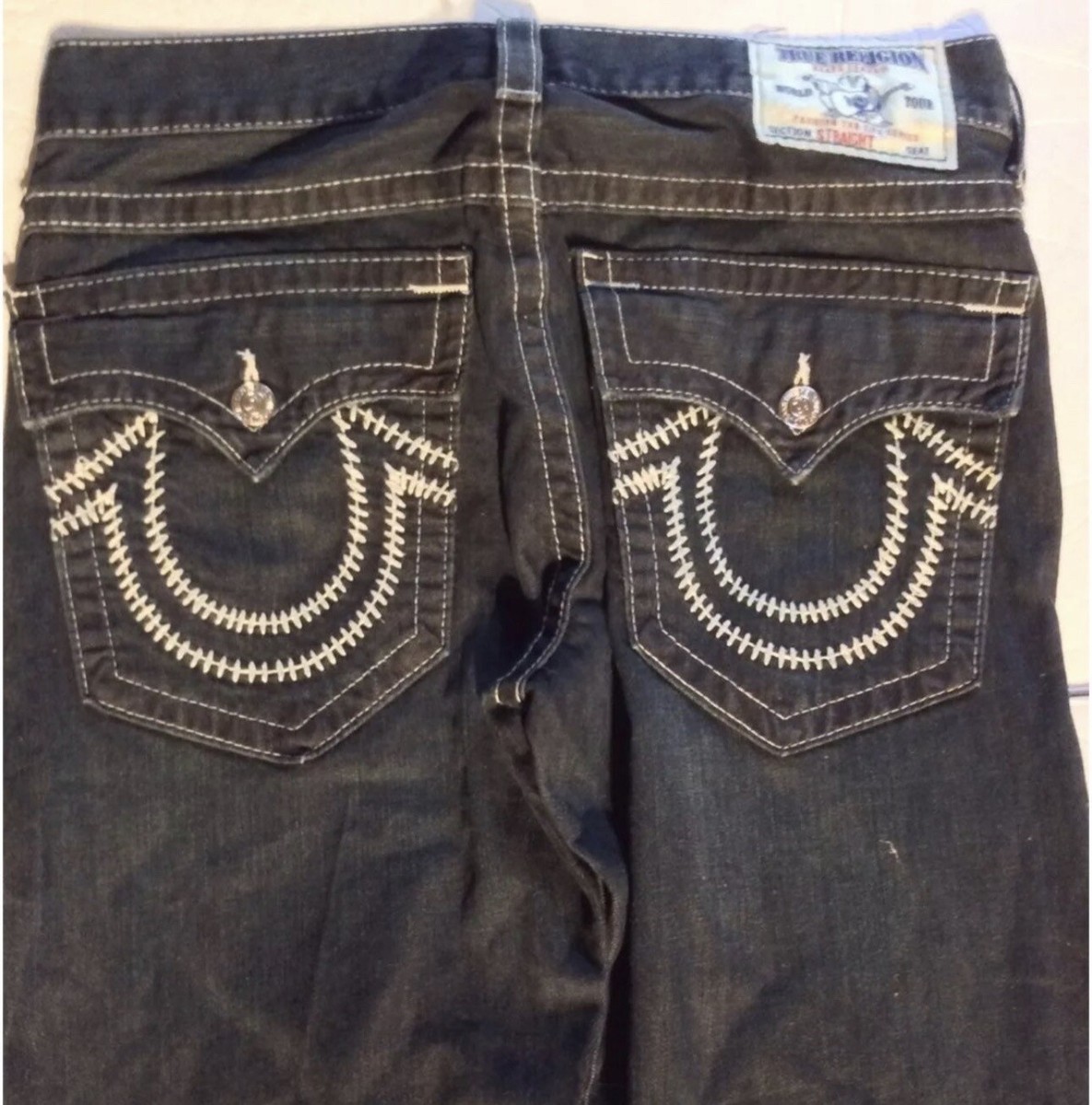 Mens True Religion Straight Dark Wash Distressed Destroyed
