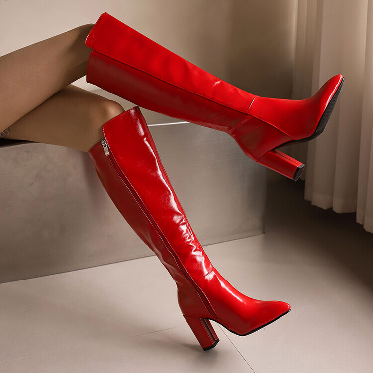 Knee High Boots Block High Heel Shiny Leather Zipper Boots Knee High Boots Block High Heel Shiny Leather Zipper Boots