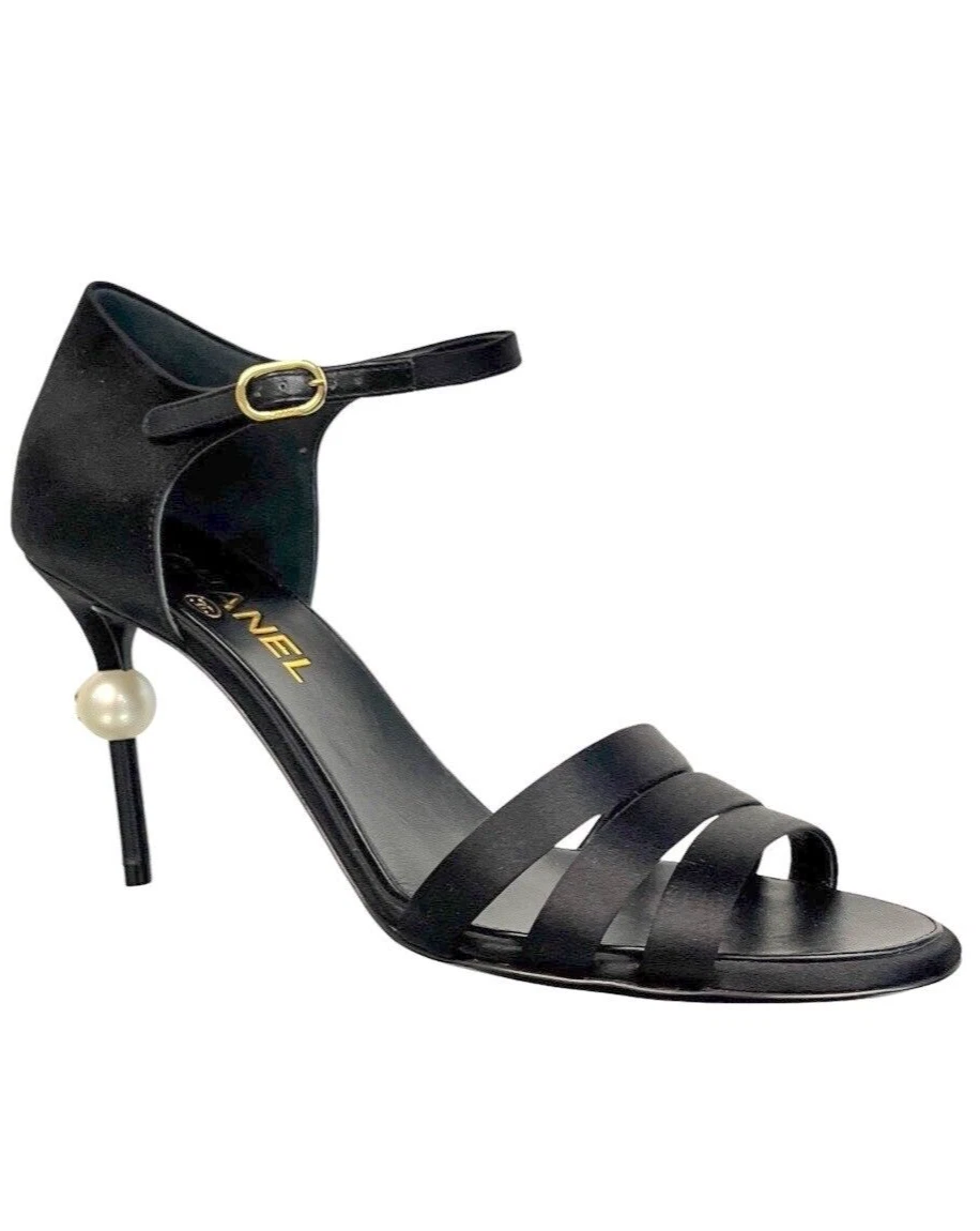 Chanel Satin Pearl Heel Strappy Sandals Embellished CC Heels Black 40 EU