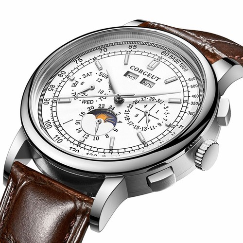 42mm corgeut black dial date day coffee strap multifunction automatic mens Watch - Picture 3 of 5