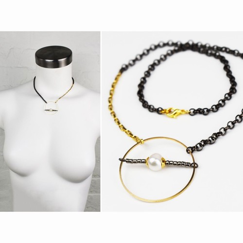 Unusual pearl necklace, open circle pendant necklace, geometric charm chain