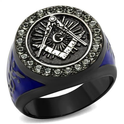 Anillo Color Negro Para Hombres de Acero Inoxidable Logo Masonico Con Lados Azul - Picture 6 of 11