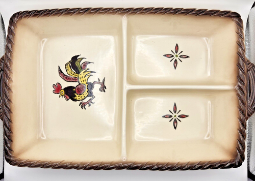 Discontinued Metlox - Poppytrail- Red Rooster 3 Part Relish Tray Made in USA