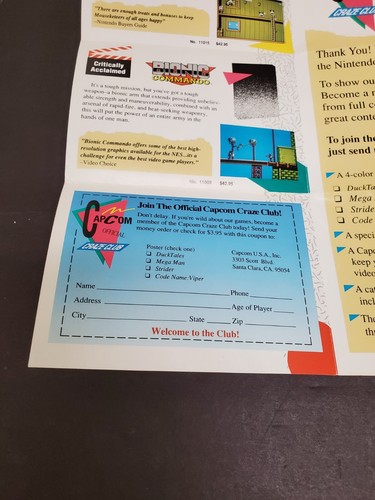Anuncio/inserto/póster de membresía de NES Capcom Craze Club CAP-NES-US-3 Nintendo b - Imagen 12 de 21