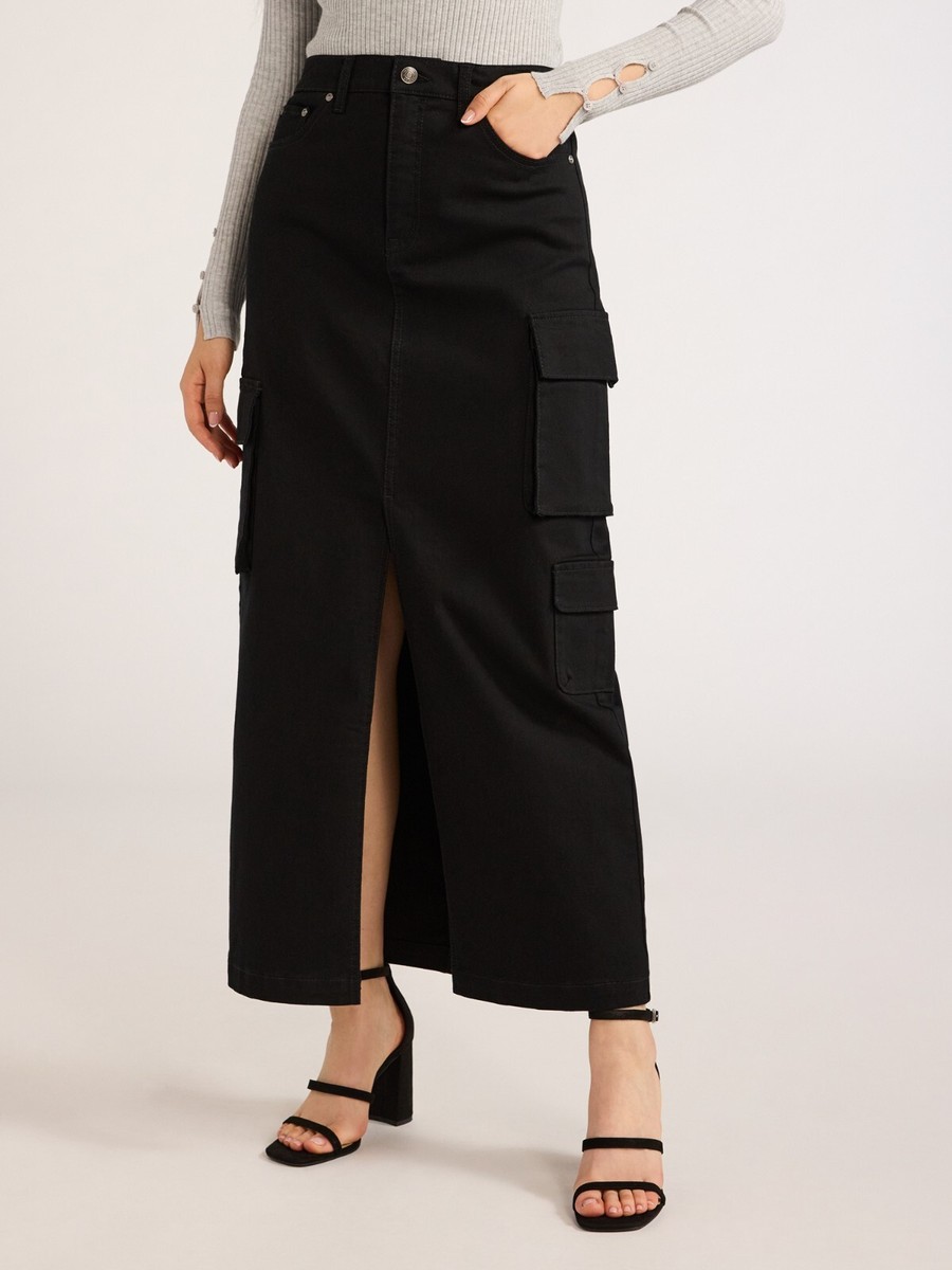 Scoop Maxi Skirt Women's Black Denim Belt Loops Zip Fly