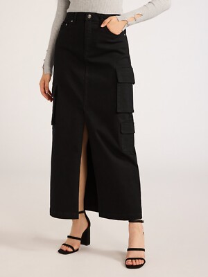 Scoop Maxi Skirt Women's  Black Denim Belt Loops Zip Fly Cargo Pocket,  Size 6
