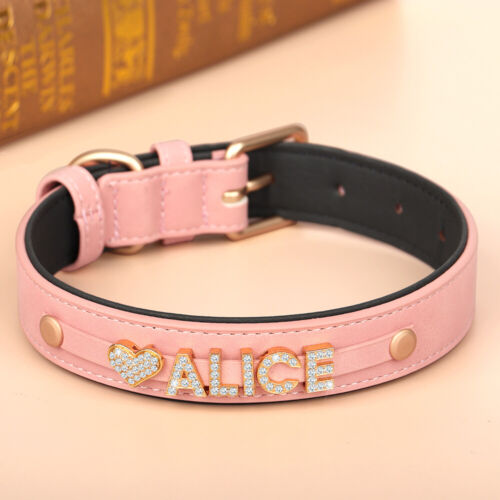 Personalized Dog Collar Soft Leather Padded Bling Rhinestone Name Letters Charms - Picture 14 of 24