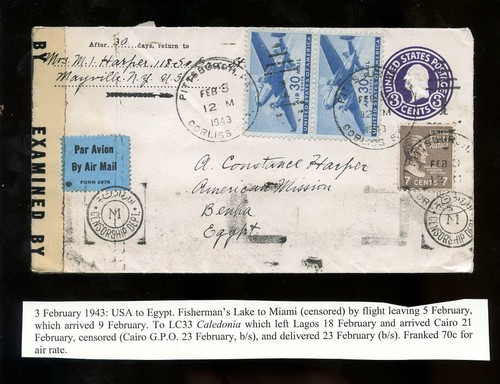 LUFTPOST WW2 PAN AM S.ATLANTIC CLIPPER ZENSIERT USA AFRIKA REGISTRIERT 1942-43 - Bild 1 von 21