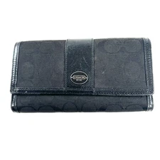 Coach Black Signature Jacquard Snap Large Trifold Wallet Credit Cards Checkbook