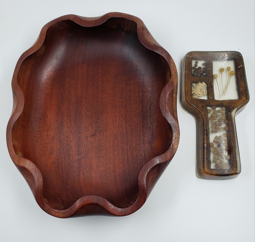 **Vtg Lucite Seed Spoon Rest w/MCM Wooden Scalloped Edge Bowl Brazil** - Picture 1 of 10