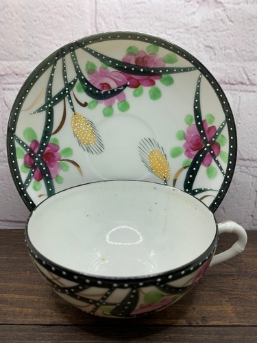 Taza de té y platillo vintage multicolor, diseño único de estilo asiático - Japón - Imagen 7 de 10