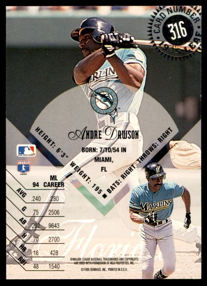 1995 Leaf Andre Dawson Baseball Cards #316 - Image 2 of 2
