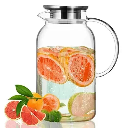 Glass Pitcher with Lid Hot& Cold Glass Water Pitcher with Handle Iced Tea Pit... - Picture 1 of 3