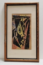 SIGNED Framed Colorful Abstract Cubist Expressionist Portrait Of Man Print 23X14