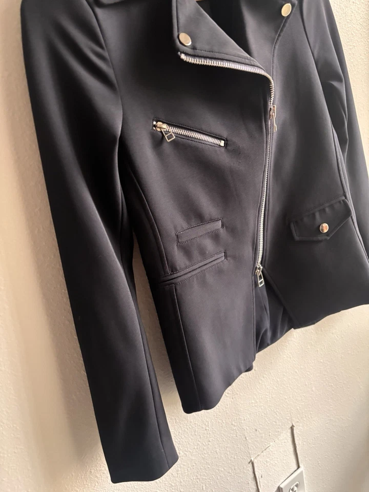 Chaqueta de Moto Veronica Beard Hadley Azul Marino Cremalleras Bolsillos de Buceo Hecha en EE. UU. Talla 0 Foto 3 de 4
