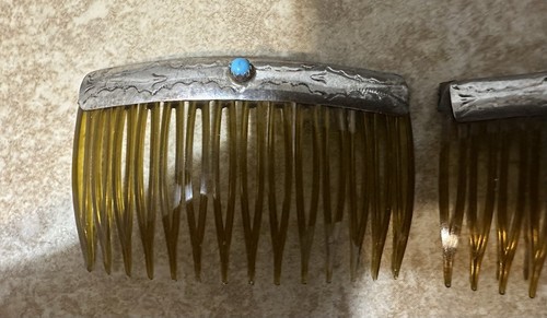Vintage Navajo Sterling Hair Combs Snake Eye Turquoise Set Of 2 Barrette Clip - Picture 3 of 7
