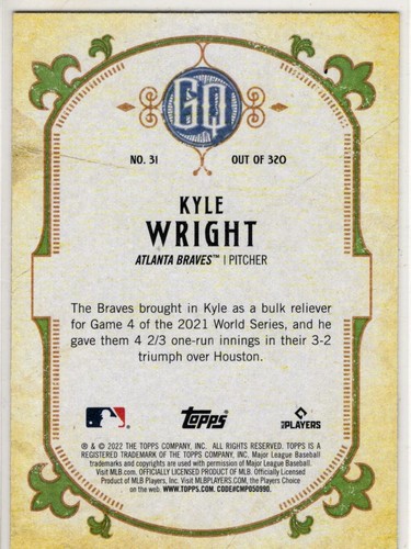 2022 Topps Gypsy Queen Baseball Kyle Wright No. 31 Atlanta Braves - Bild 2 von 2