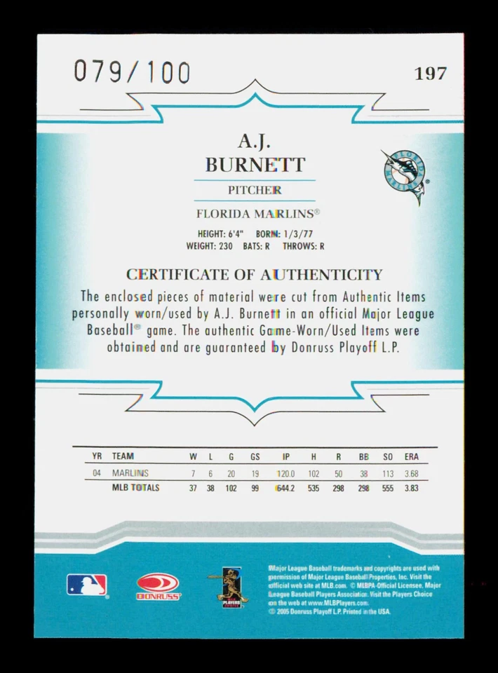2005 Donruss Throwback Threads #197 A.J. Burnett /100 Material Combo - Image 2 of 2