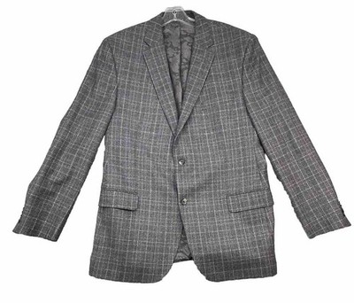 E. THOMAS Men's Wool Cashmere Gray Purple Plaid Check Sport Coat 46L