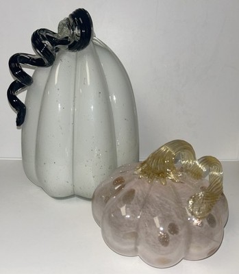 2pc Lot set Murano Style HAND BLOWN ART GLASS PUMPKINS White & Pink w/Curly Stem